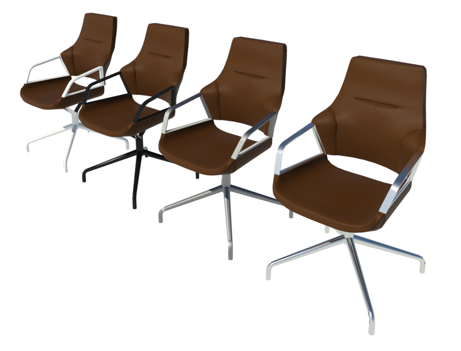 Raytrace of our Graph chair Revit family showing the Mandel Brown upholstered chair with four material options for the frame.